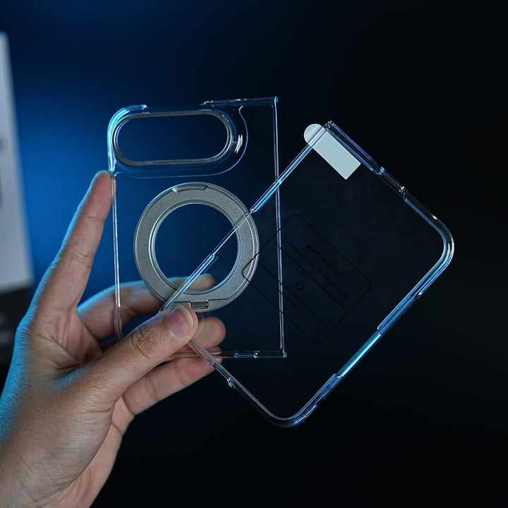 FRATO iPhone Fold Crystal Clear Case for iPhone Duo | 360° Rotating Metal Stand | Front Glass | Metal Camera Ring