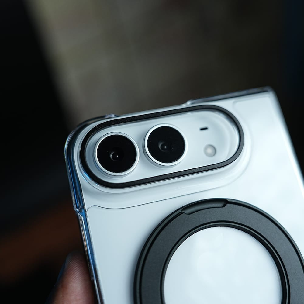FRATO iPhone Fold Crystal Clear Case for iPhone Duo | 360° Rotating Metal Stand | Front Glass | Metal Camera Ring