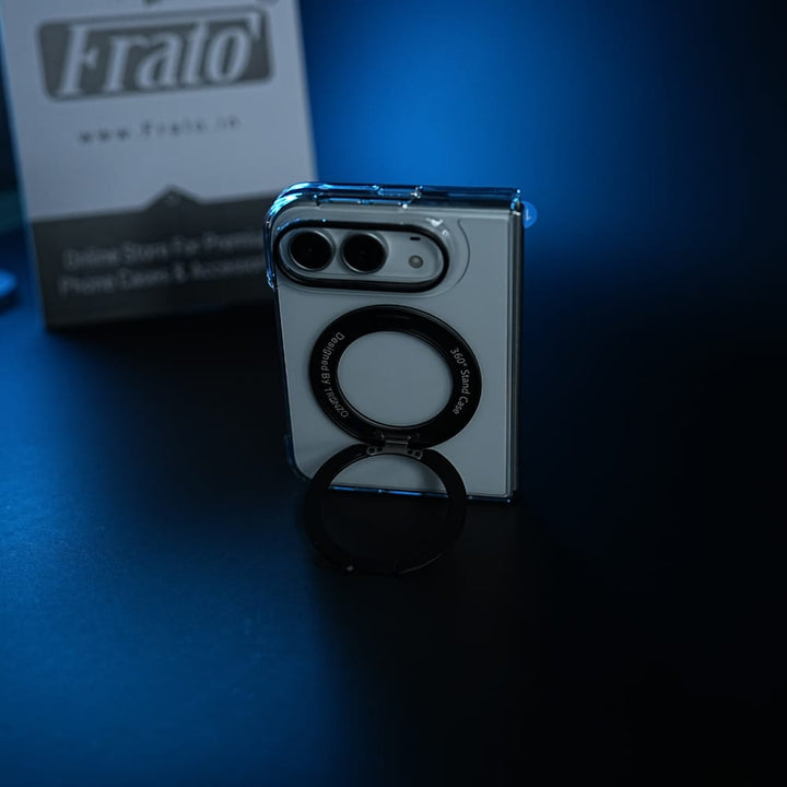 FRATO iPhone Fold Crystal Clear Case for iPhone Duo | 360° Rotating Metal Stand | Front Glass | Metal Camera Ring
