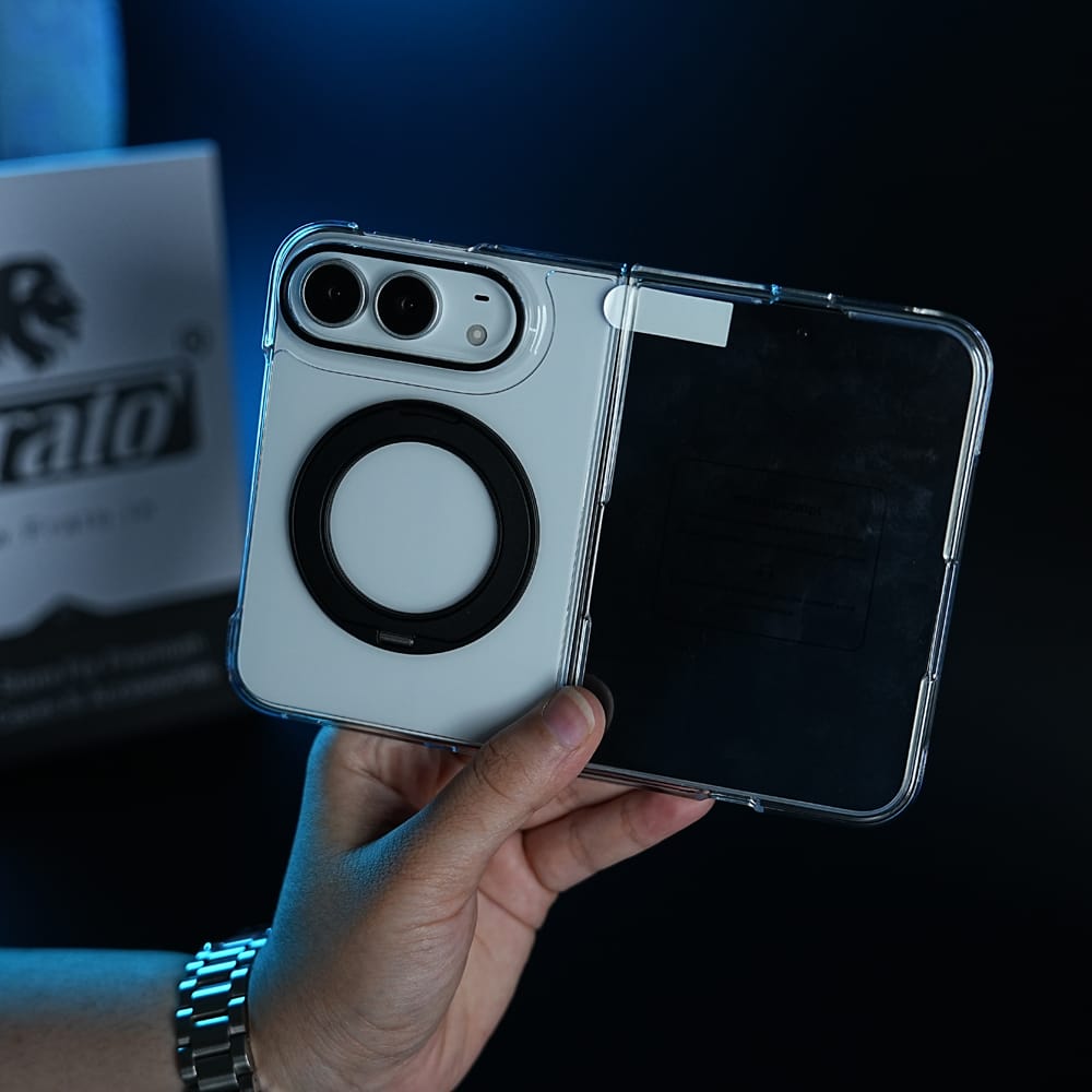 FRATO iPhone Fold Crystal Clear Case for iPhone Duo | 360° Rotating Metal Stand | Front Glass | Metal Camera Ring