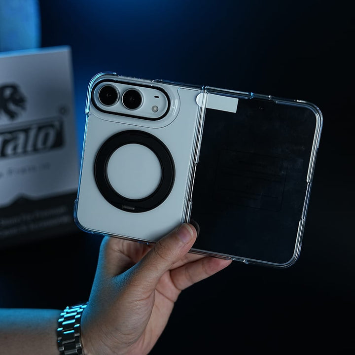 FRATO iPhone Fold Crystal Clear Case for iPhone Duo | 360° Rotating Metal Stand | Front Glass | Metal Camera Ring
