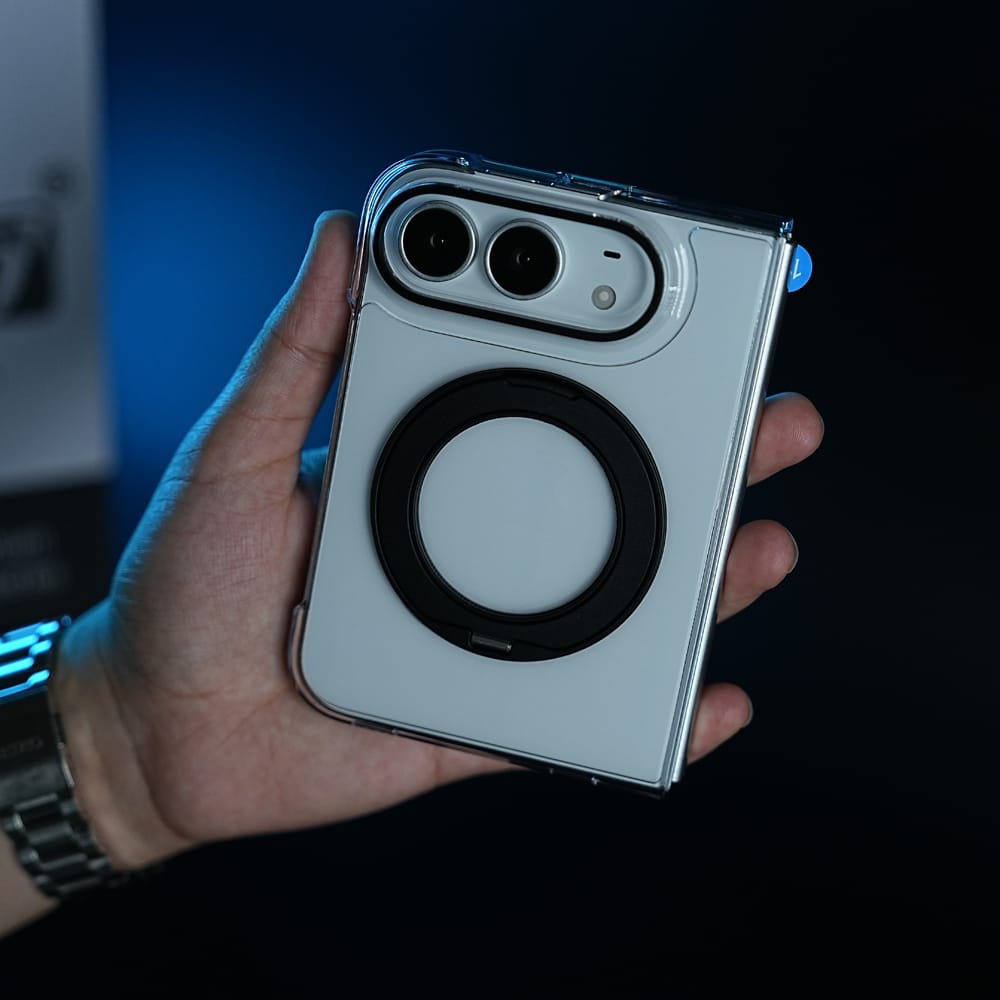 FRATO iPhone Fold Crystal Clear Case for iPhone Duo | 360° Rotating Metal Stand | Front Glass | Metal Camera Ring