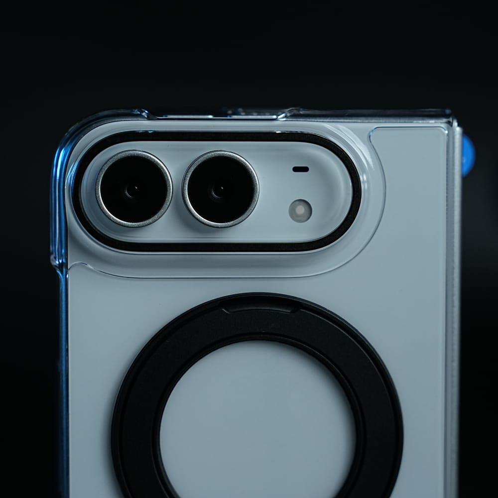 FRATO iPhone Fold Crystal Clear Case for iPhone Duo | 360° Rotating Metal Stand | Front Glass | Metal Camera Ring