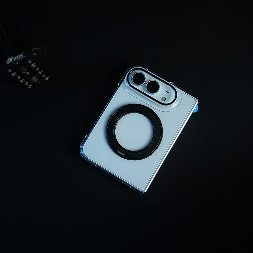 FRATO iPhone Fold Crystal Clear Case for iPhone Duo | 360° Rotating Metal Stand | Front Glass | Metal Camera Ring