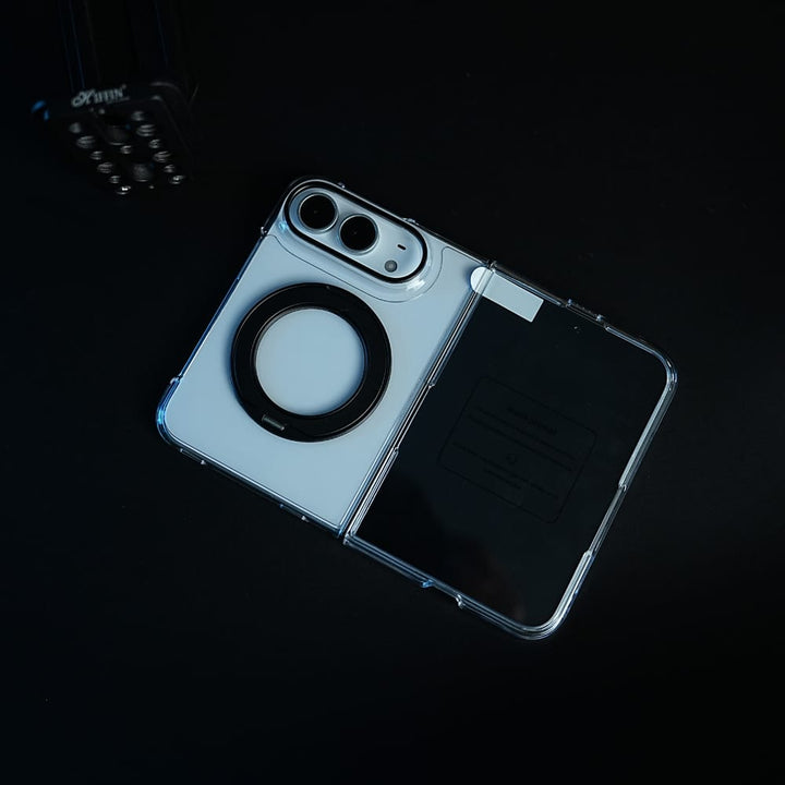 FRATO iPhone Fold Crystal Clear Case for iPhone Duo | 360° Rotating Metal Stand | Front Glass | Metal Camera Ring