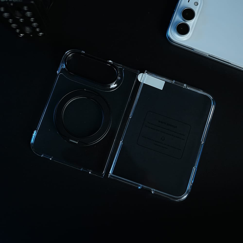 FRATO iPhone Fold Crystal Clear Case for iPhone Duo | 360° Rotating Metal Stand | Front Glass | Metal Camera Ring