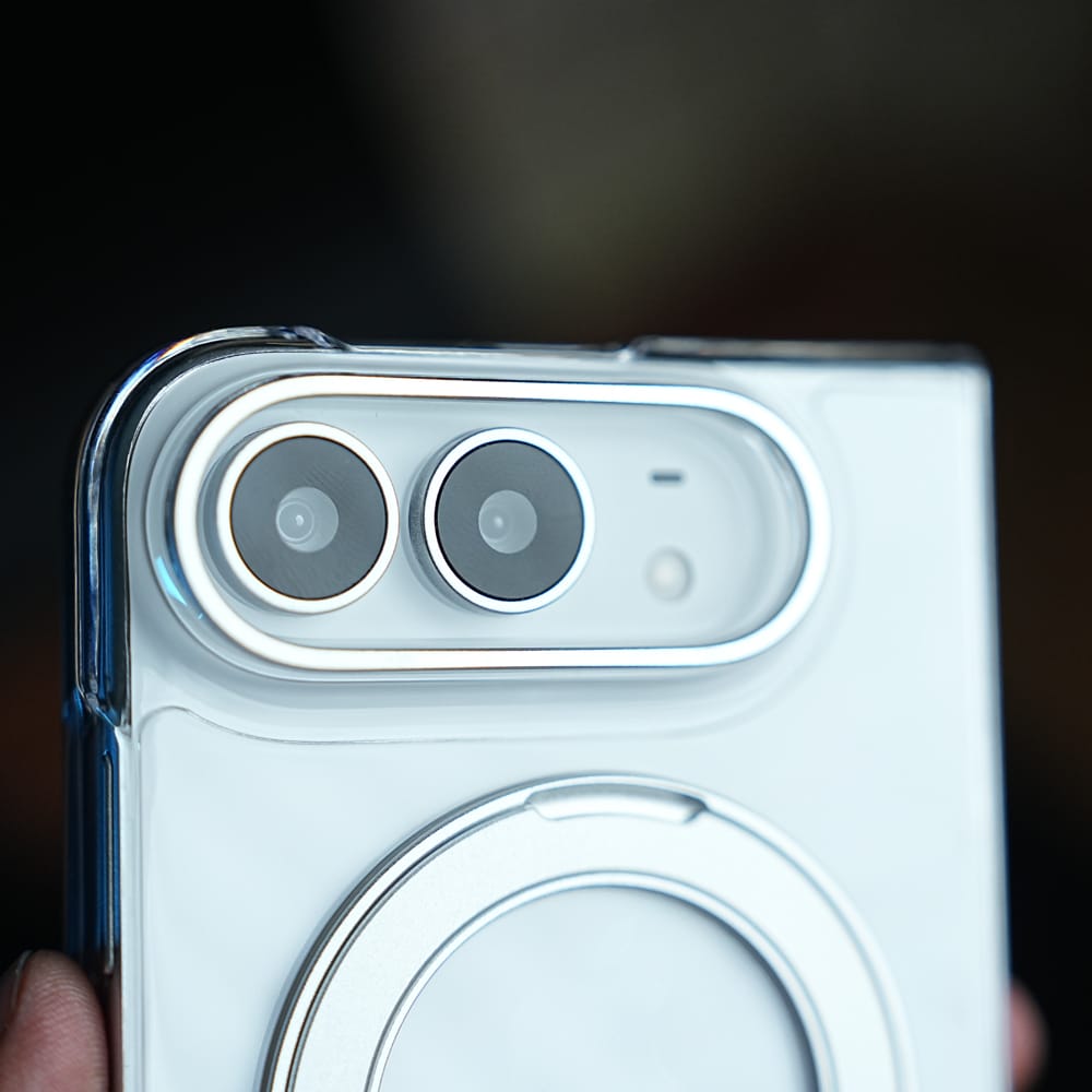 FRATO iPhone Fold Crystal Clear Case for iPhone Duo | 360° Rotating Metal Stand | Front Glass | Metal Camera Ring