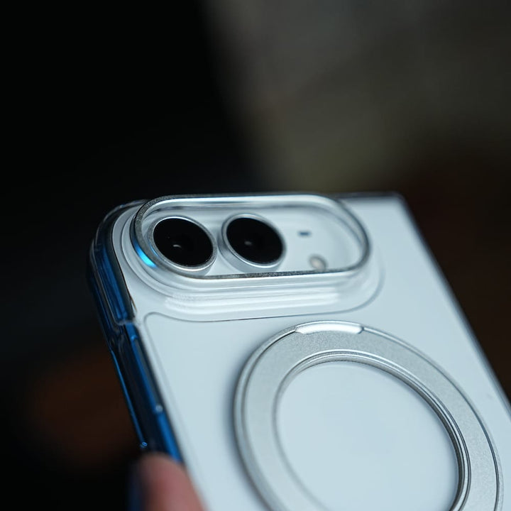 FRATO iPhone Fold Crystal Clear Case for iPhone Duo | 360° Rotating Metal Stand | Front Glass | Metal Camera Ring