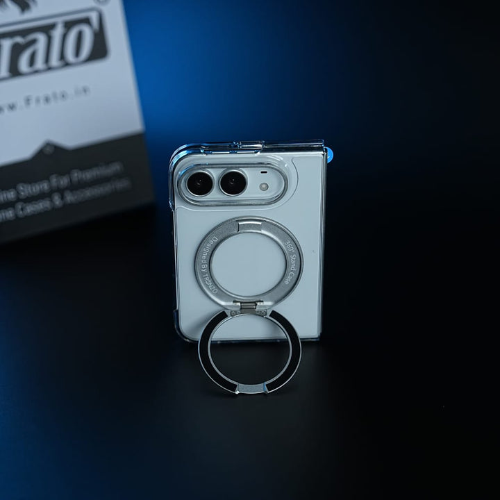 FRATO iPhone Fold Crystal Clear Case for iPhone Duo | 360° Rotating Metal Stand | Front Glass | Metal Camera Ring