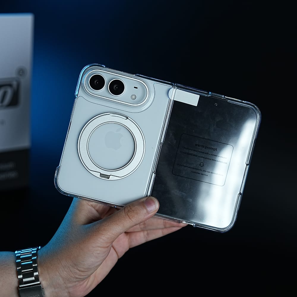 FRATO iPhone Fold Crystal Clear Case for iPhone Duo | 360° Rotating Metal Stand | Front Glass | Metal Camera Ring
