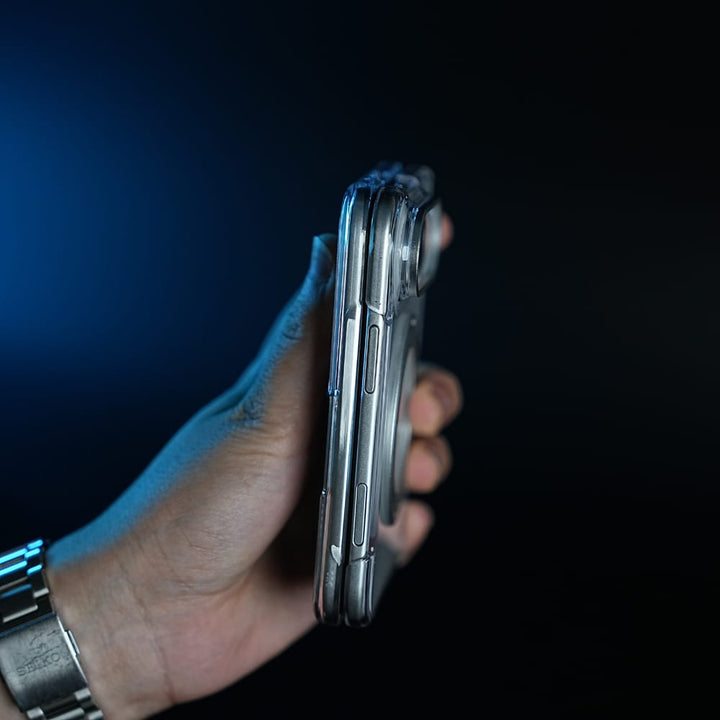 FRATO iPhone Fold Crystal Clear Case for iPhone Duo | 360° Rotating Metal Stand | Front Glass | Metal Camera Ring