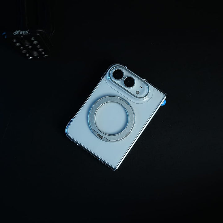 FRATO iPhone Fold Crystal Clear Case for iPhone Duo | 360° Rotating Metal Stand | Front Glass | Metal Camera Ring