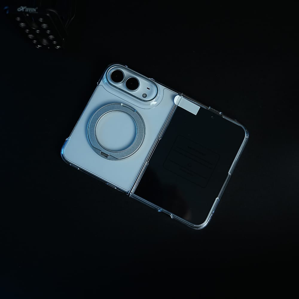FRATO iPhone Fold Crystal Clear Case for iPhone Duo | 360° Rotating Metal Stand | Front Glass | Metal Camera Ring