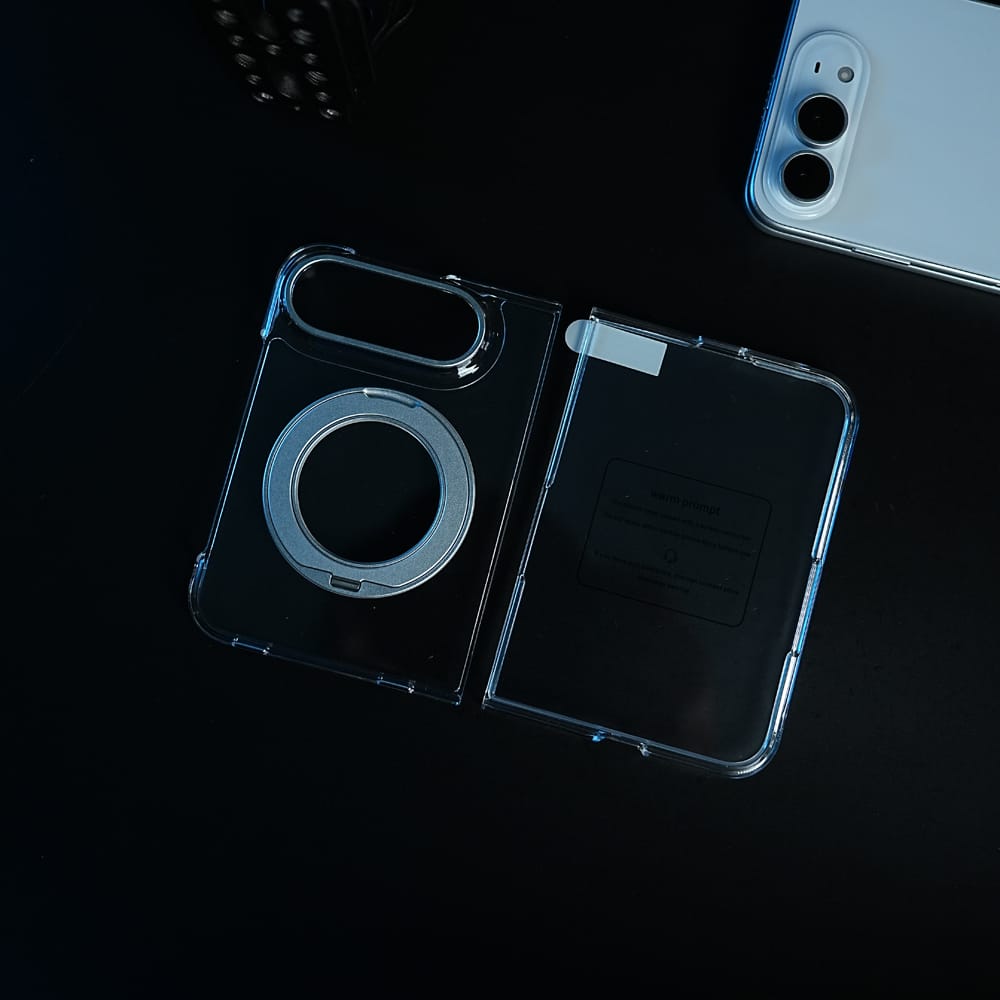 FRATO iPhone Fold Crystal Clear Case for iPhone Duo | 360° Rotating Metal Stand | Front Glass | Metal Camera Ring