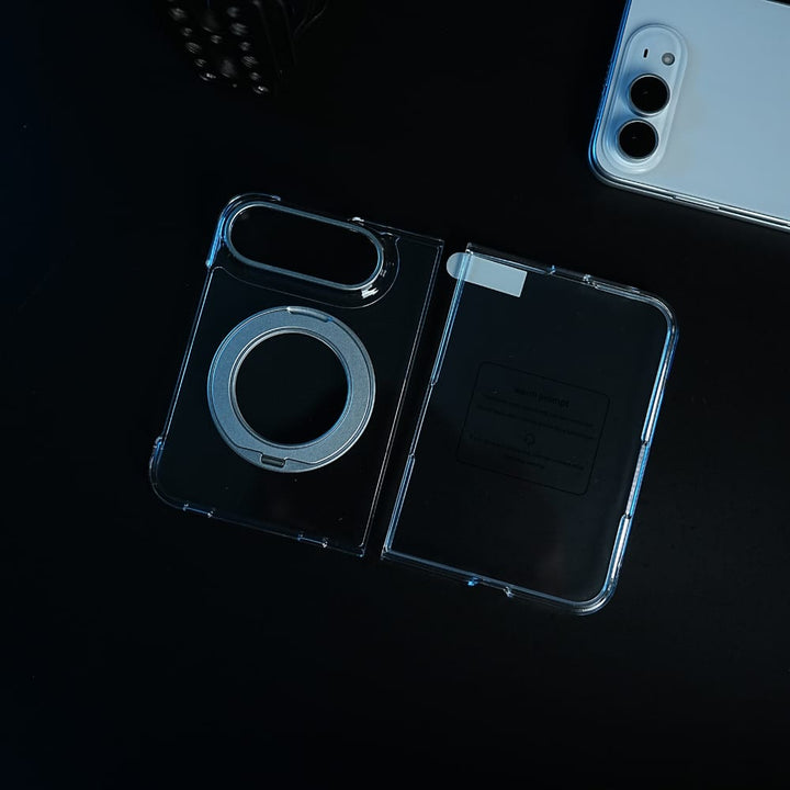 FRATO iPhone Fold Crystal Clear Case for iPhone Duo | 360° Rotating Metal Stand | Front Glass | Metal Camera Ring