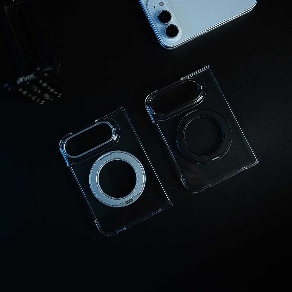FRATO iPhone Fold Crystal Clear Case for iPhone Duo | 360° Rotating Metal Stand | Front Glass | Metal Camera Ring