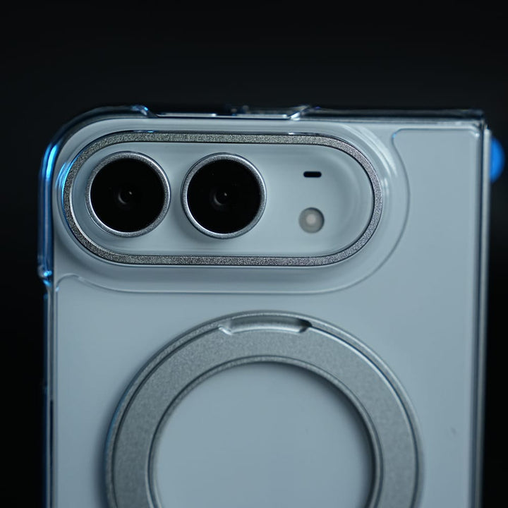 FRATO iPhone Fold Crystal Clear Case for iPhone Duo | 360° Rotating Metal Stand | Front Glass | Metal Camera Ring