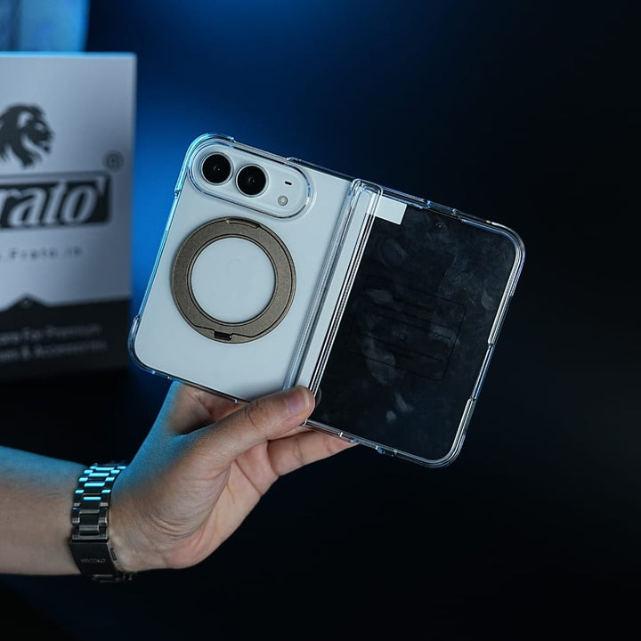 FRATO iPhone Fold Crystal Clear Case for iPhone Duo | 360° Rotating Metal Stand &amp; Hinge Protection