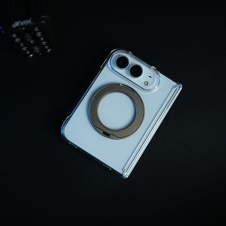 FRATO iPhone Fold Crystal Clear Case for iPhone Duo | 360° Rotating Metal Stand &amp; Hinge Protection