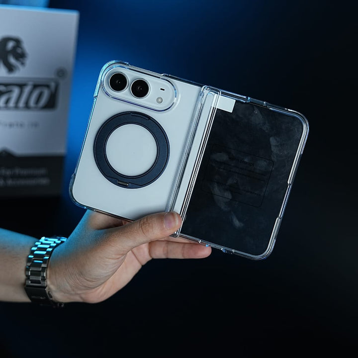 FRATO iPhone Fold Crystal Clear Case for iPhone Duo | 360° Rotating Metal Stand &amp; Hinge Protection