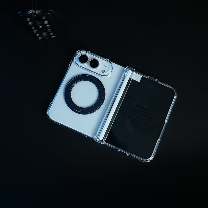 FRATO iPhone Fold Crystal Clear Case for iPhone Duo | 360° Rotating Metal Stand &amp; Hinge Protection