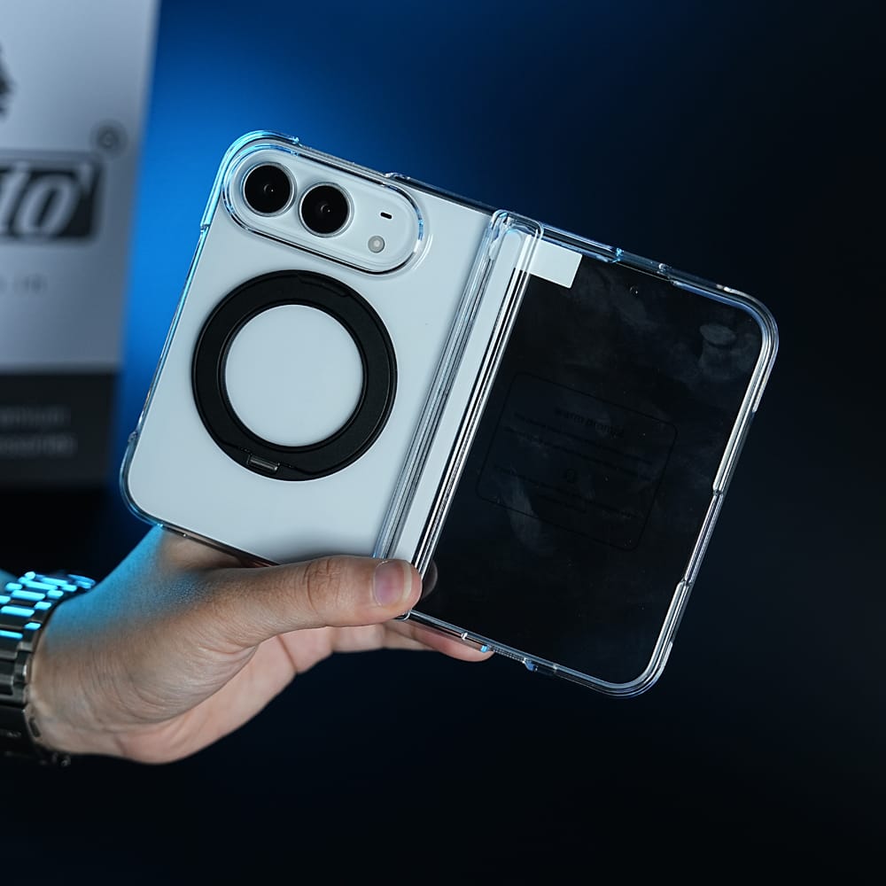 FRATO iPhone Fold Crystal Clear Case for iPhone Duo | 360° Rotating Metal Stand &amp; Hinge Protection