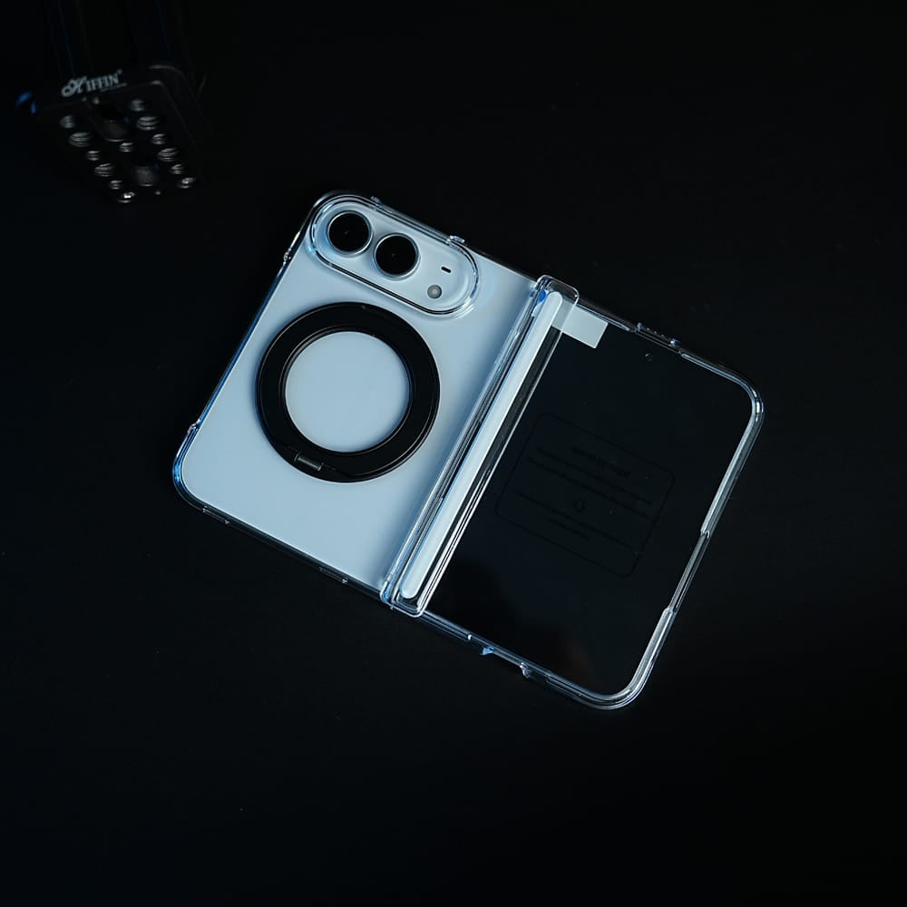 FRATO iPhone Fold Crystal Clear Case for iPhone Duo | 360° Rotating Metal Stand &amp; Hinge Protection