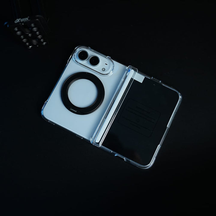 FRATO iPhone Fold Crystal Clear Case for iPhone Duo | 360° Rotating Metal Stand &amp; Hinge Protection