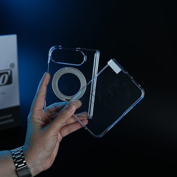 FRATO iPhone Fold Crystal Clear Case for iPhone Duo | 360° Rotating Metal Stand &amp; Hinge Protection