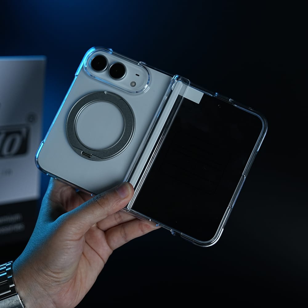 FRATO iPhone Fold Crystal Clear Case for iPhone Duo | 360° Rotating Metal Stand &amp; Hinge Protection