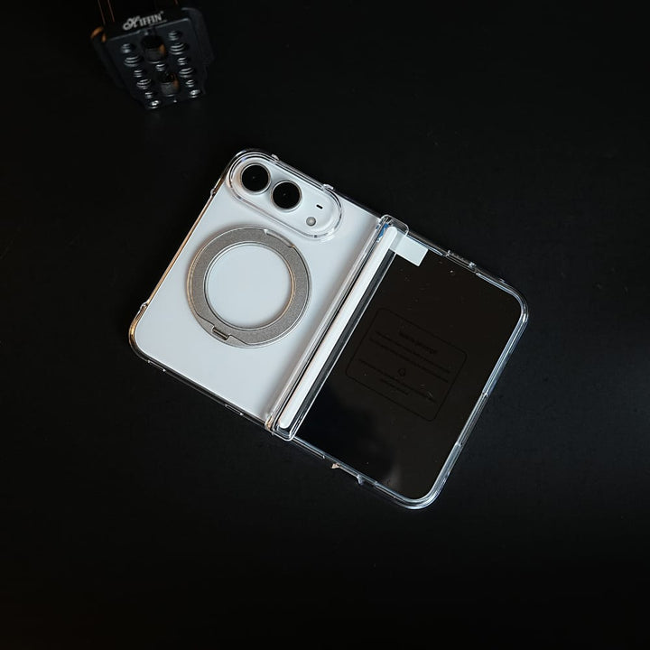 FRATO iPhone Fold Crystal Clear Case for iPhone Duo | 360° Rotating Metal Stand &amp; Hinge Protection