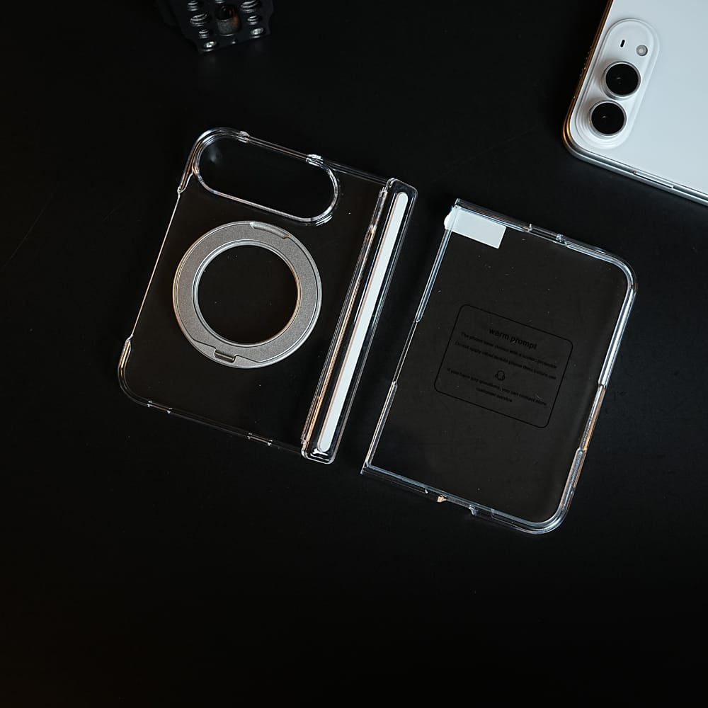 FRATO iPhone Fold Crystal Clear Case for iPhone Duo | 360° Rotating Metal Stand &amp; Hinge Protection