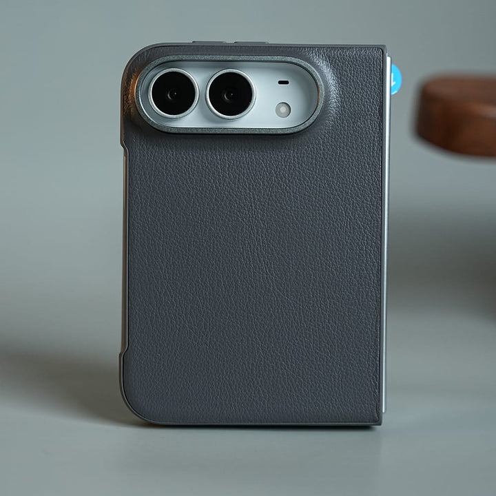 FRATO iPhone Fold Gray LuxeGrain Textured Leather Case for iPhone Duo with Front Glass Protection