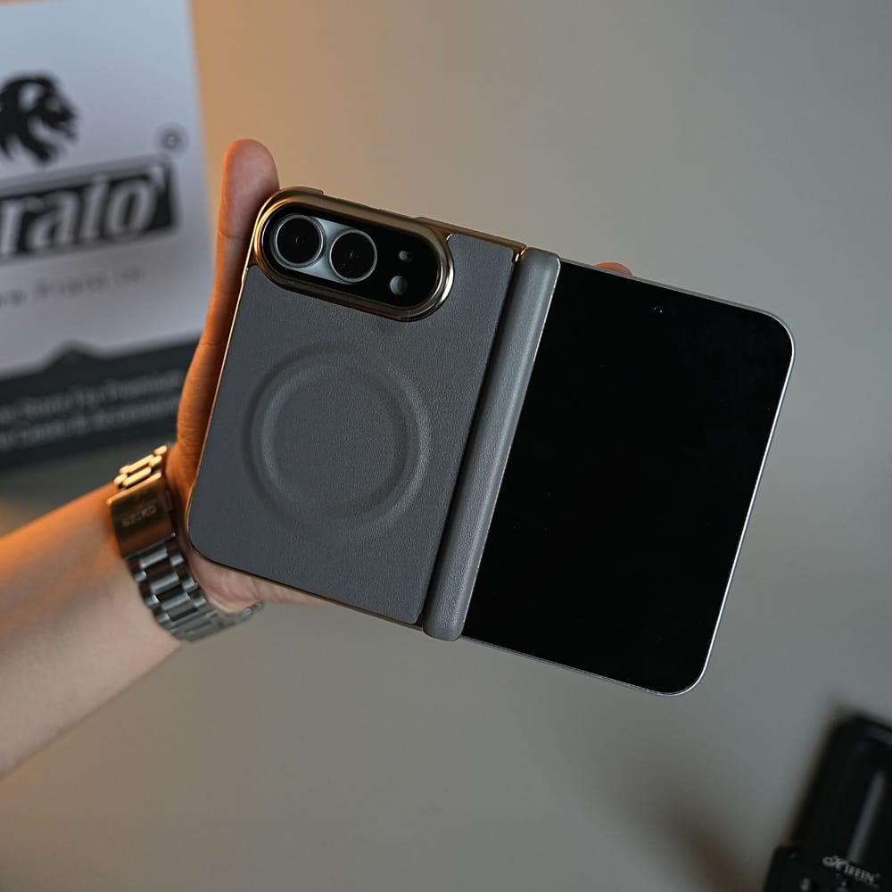 FRATO iPhone Fold Gray Premium Leather Texture MagSafe Case for iPhone Duo with Camera Glass &amp; Hinge Protection