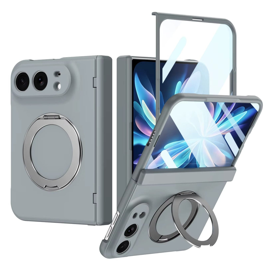 FRATO iPhone Fold Gray Rotating Ring Stand Case for iPhone Duo | Full Hinge Protection &amp; Built-In Front Glass