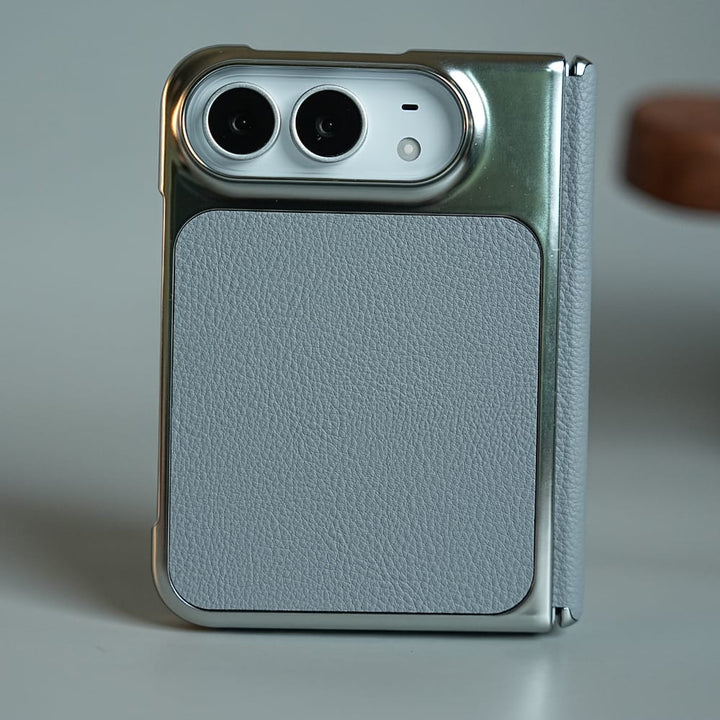 FRATO iPhone Fold Gray Textured Leather Case for iPhone Duo with Front Glass, Matte Chrome Finish &amp; Hinge Protection
