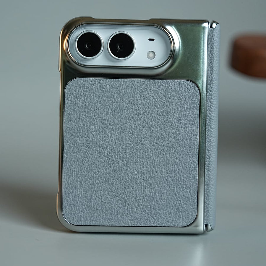 FRATO iPhone Fold Gray Textured Leather Case for iPhone Duo with Front Glass, Matte Chrome Finish & Hinge Protection