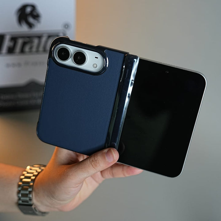 FRATO iPhone Fold Leather Texture Case for iPhone Duo with Chrome Side | MagSafe Compatible | Hinge Protection