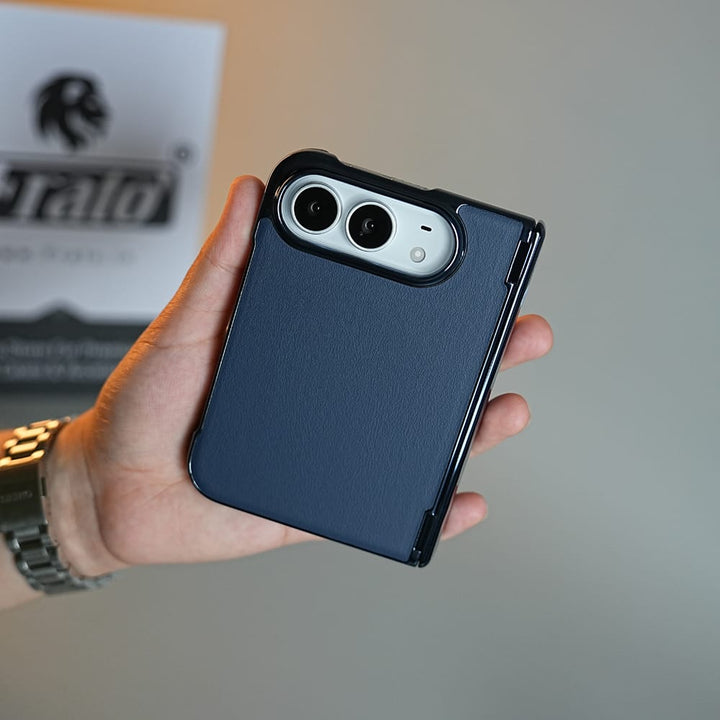 FRATO iPhone Fold Leather Texture Case for iPhone Duo with Chrome Side | MagSafe Compatible | Hinge Protection