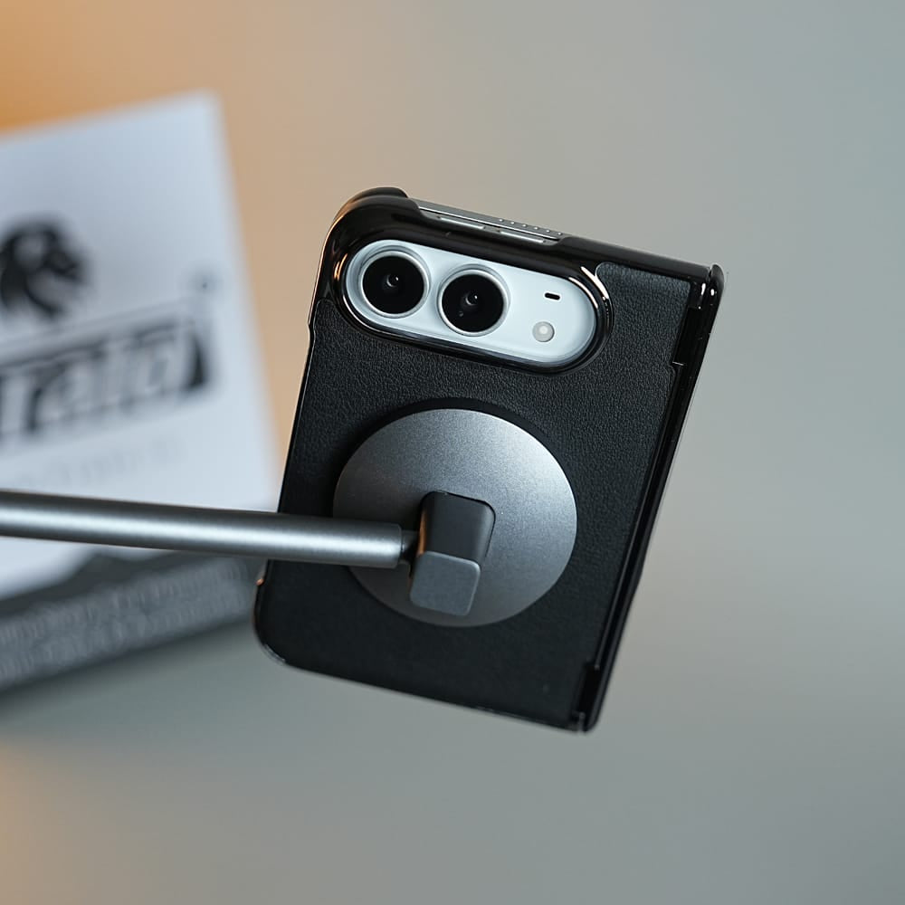 FRATO iPhone Fold Leather Texture Case for iPhone Duo with Chrome Side | MagSafe Compatible | Hinge Protection