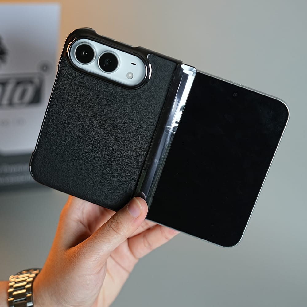 FRATO iPhone Fold Leather Texture Case for iPhone Duo with Chrome Side | MagSafe Compatible | Hinge Protection
