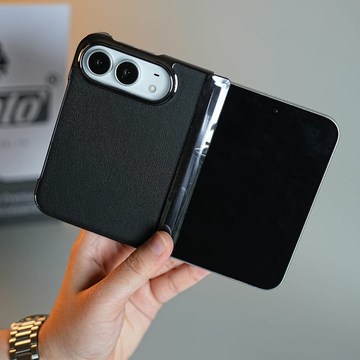 FRATO iPhone Fold Leather Texture Case for iPhone Duo with Chrome Side | MagSafe Compatible | Hinge Protection