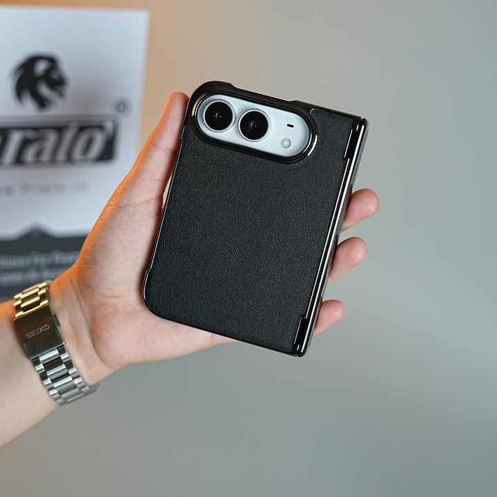 FRATO iPhone Fold Leather Texture Case for iPhone Duo with Chrome Side | MagSafe Compatible | Hinge Protection