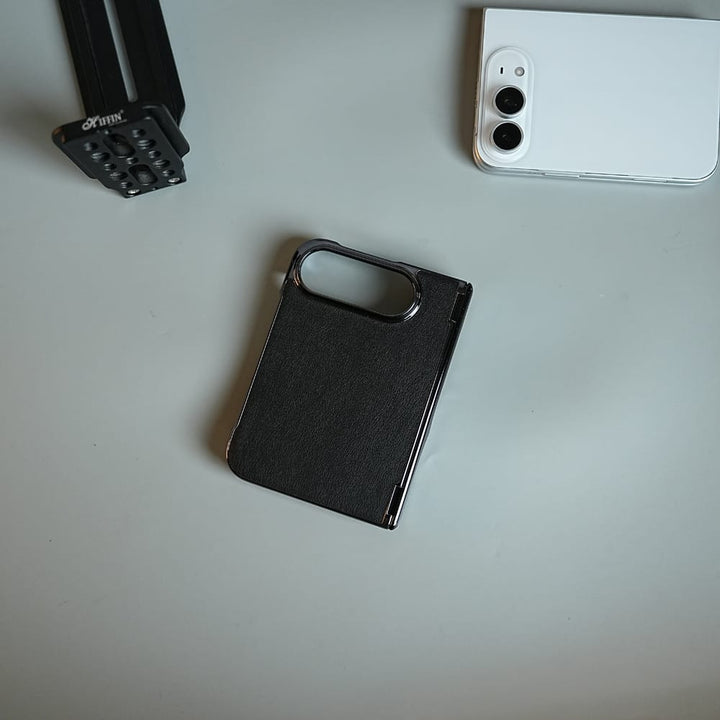 FRATO iPhone Fold Leather Texture Case for iPhone Duo with Chrome Side | MagSafe Compatible | Hinge Protection