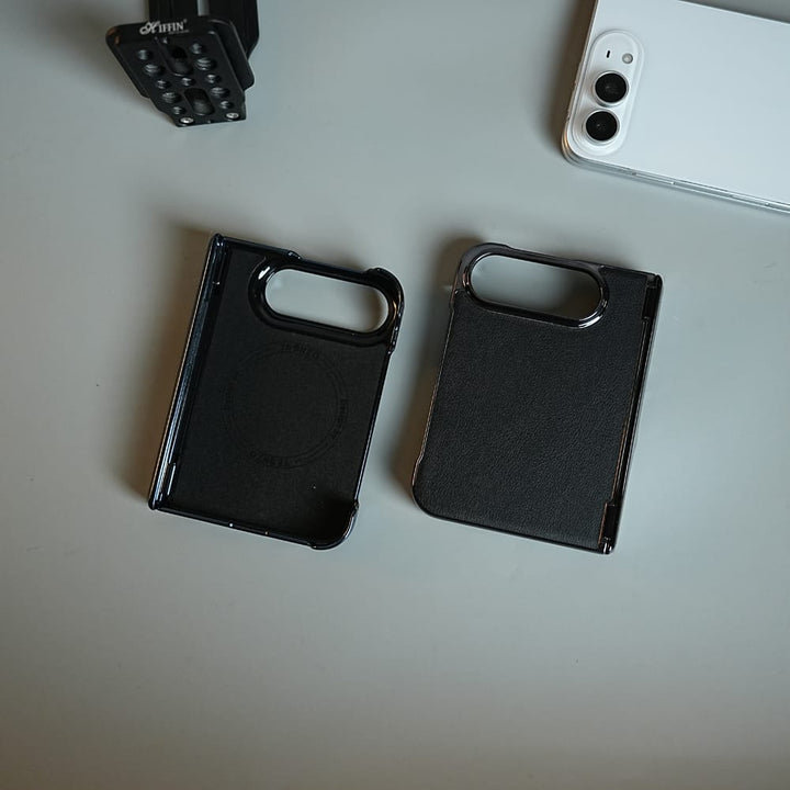 FRATO iPhone Fold Leather Texture Case for iPhone Duo with Chrome Side | MagSafe Compatible | Hinge Protection