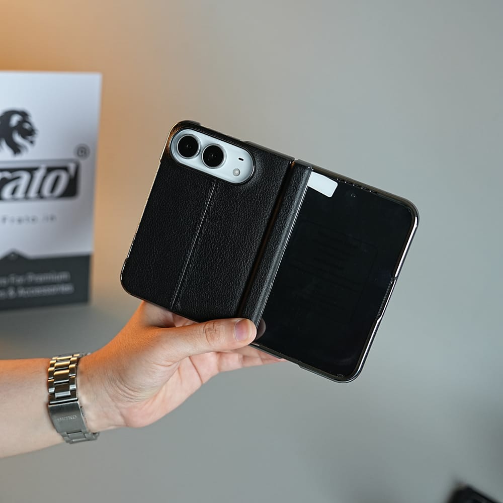 FRATO iPhone Fold Middle Stitched Leather Texture Case for iPhone Duo with Front Glass &amp; Hinge Protection