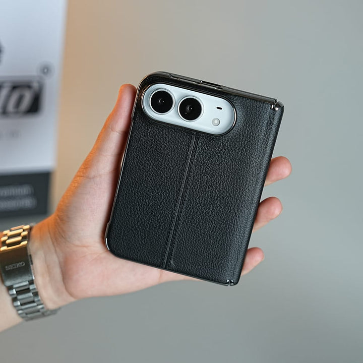 FRATO iPhone Fold Middle Stitched Leather Texture Case for iPhone Duo with Front Glass &amp; Hinge Protection