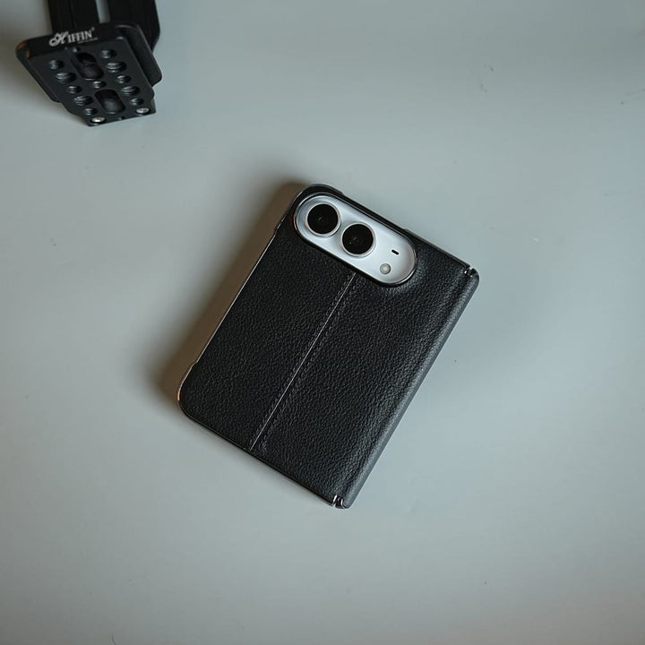 FRATO iPhone Fold Middle Stitched Leather Texture Case for iPhone Duo with Front Glass &amp; Hinge Protection