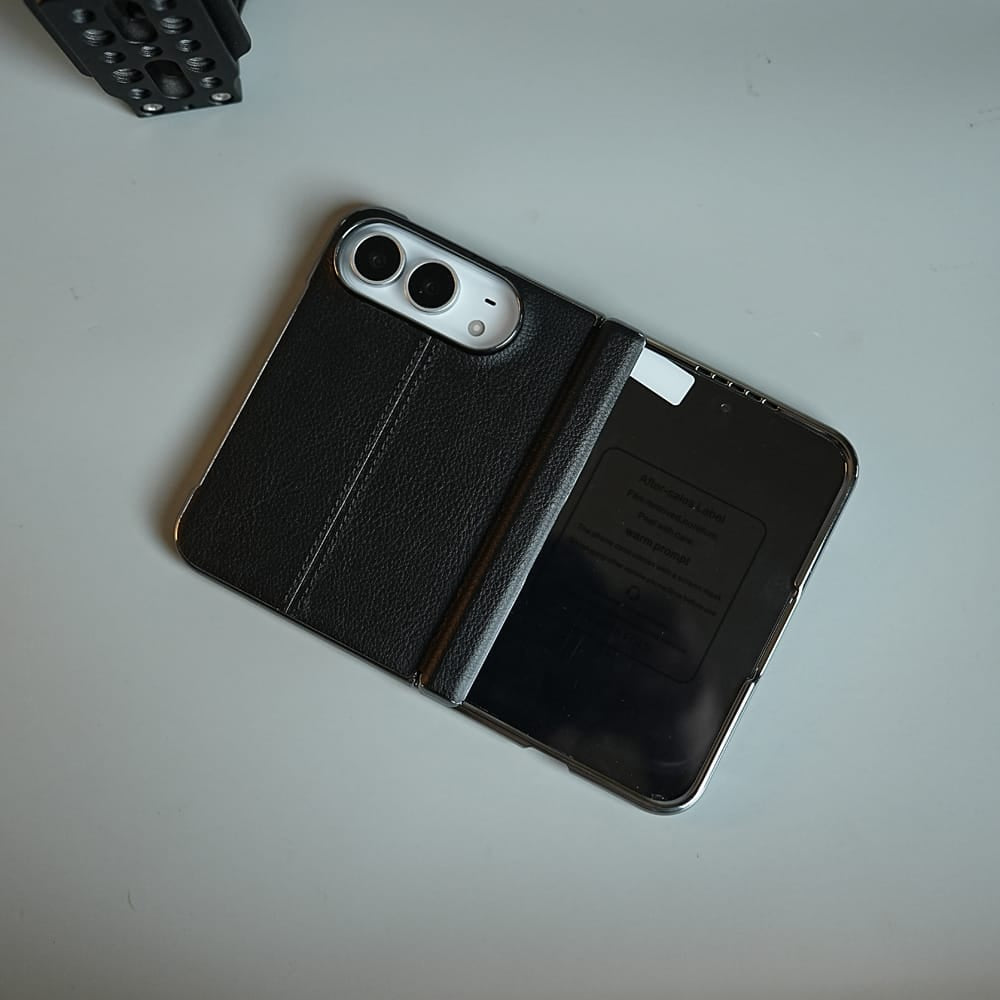 FRATO iPhone Fold Middle Stitched Leather Texture Case for iPhone Duo with Front Glass &amp; Hinge Protection