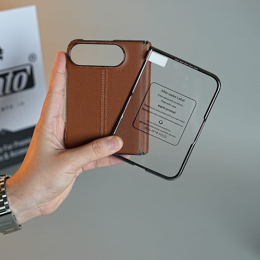 FRATO iPhone Fold Middle Stitched Leather Texture Case for iPhone Duo with Front Glass &amp; Hinge Protection